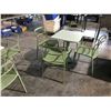 Image 2 : 6 SEAFOAM GREEN TABLES, MISC. SIZE ON METAL BASE WITH 10 MATCHING METAL ARM CHAIRS