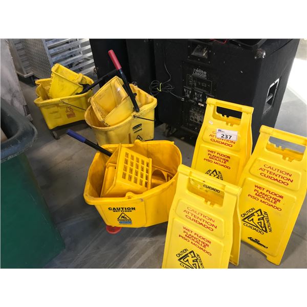 3 COMMERCIAL YELLOW MOP STATIONS AND CAUTION SIGNS