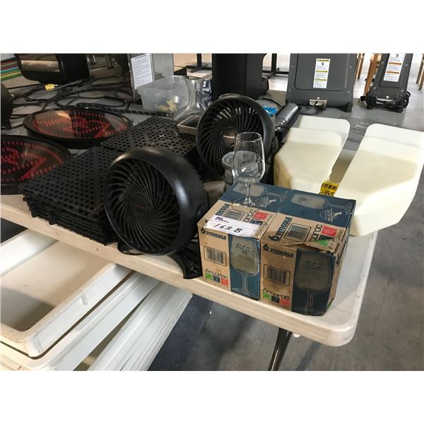 GLASSWARE, BAR MATS FANS AND MISC. CONTAINERS