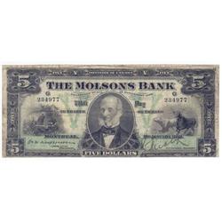 The Molson Bank, $5.00 1912, Fine +