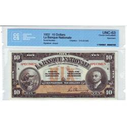 La Banque Nationale, $10.00 1922, UNC-63