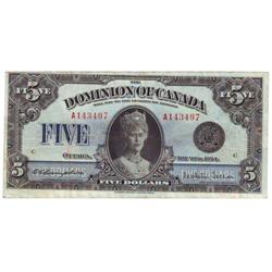 Dominion of Canada, $5.00 note 1924, VF+