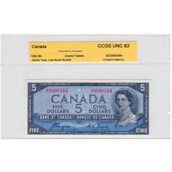 Bank of Canada, $5 Devil's Face 1954, UNC63