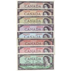 Bank of Canada, 8 notes $1.00 to $100.00 1954