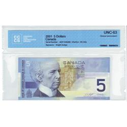 Bank of Canada, $5.00 note 2001,Choice UNC-63