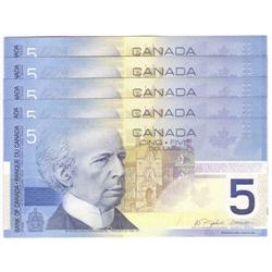 5 x $5 Insert notes 2005, Choice to Gem UNC