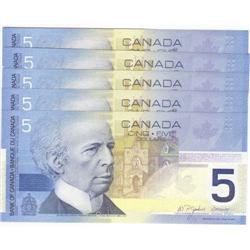 5 x $5 Insert notes 2005, Choice to Gem UNC