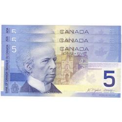 3 consec. $5.00 Insert notes 2005 GEM UNC