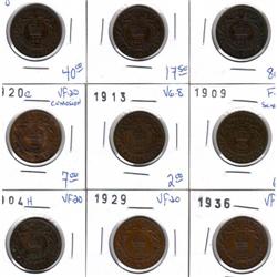 NFLD; Lot of 9 Large Cents; 1865 to 1936