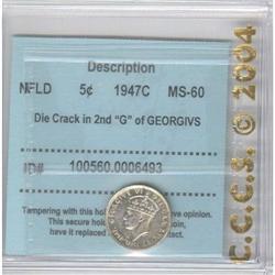 NFLD; 5 Cents 1947C, CCCS MS-60