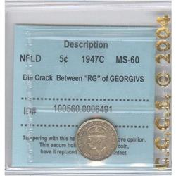 NFLD; 5 Cents 1947C, CCCS MS-60