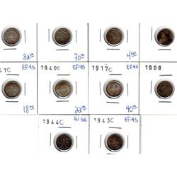 NFLD Lot of 10 Silver 5 Cents 1882H to1945c