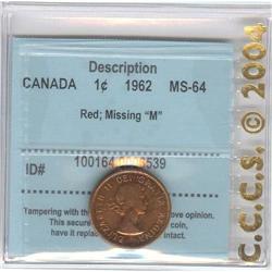 1 Cent 1962, CCCS MS-64; Red, Missing M