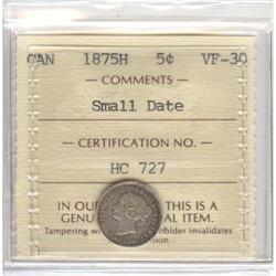 5 Cents 1875H, ICCS VF-30; Small Date.