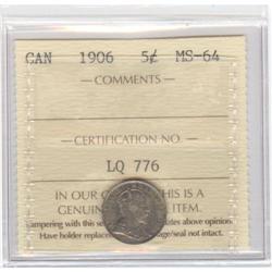 5 Cents 1906, ICCS MS-64. Strong strike