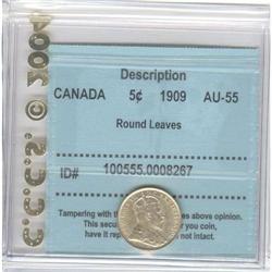 5 Cents 1909, CCCS AU-50; Round Leaves