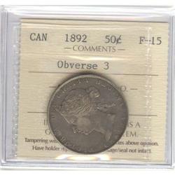 50 Cents 1892, ICCS F-15; Obverse # 3.