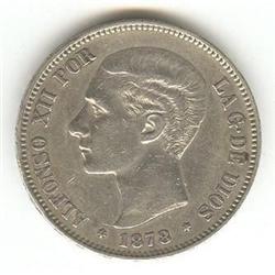 Spain 5 Pesos 1878 EM-M,  EF-40, KM # 67