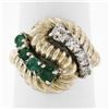 Image 1 : Vintage 14K Yellow Gold .59 ctw Emerald Diamond Rope Texture Ribbed Freeform Rin