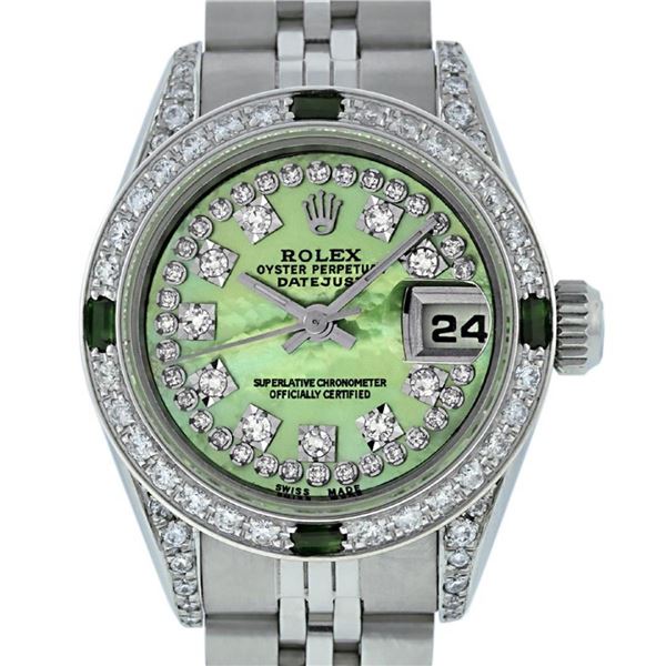 Rolex Ladies Stainless Steel Quickset Green MOP Diamond Lugs Datejust Wristwatch