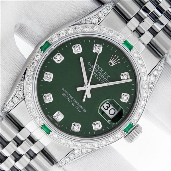 Rolex Mens Stainless Steel Diamond Lugs Green Diamond & Emerald Datejust Wristwa