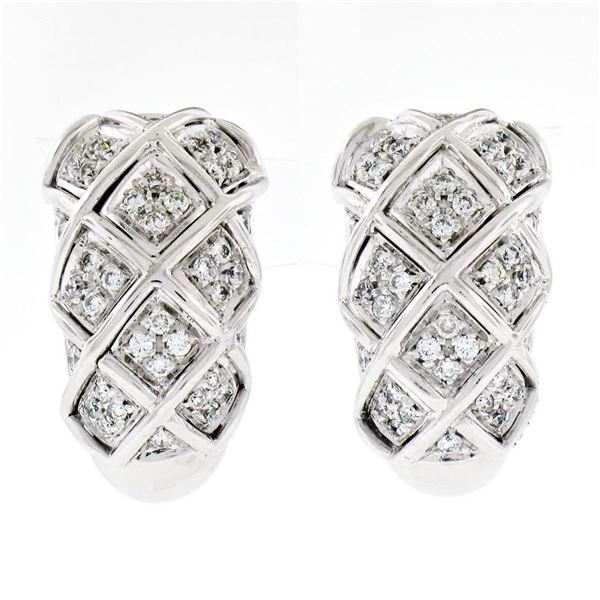 18K White Gold 1.09 ctw Round Brilliant Pave Diamond Braided Cuff Omega Earrings