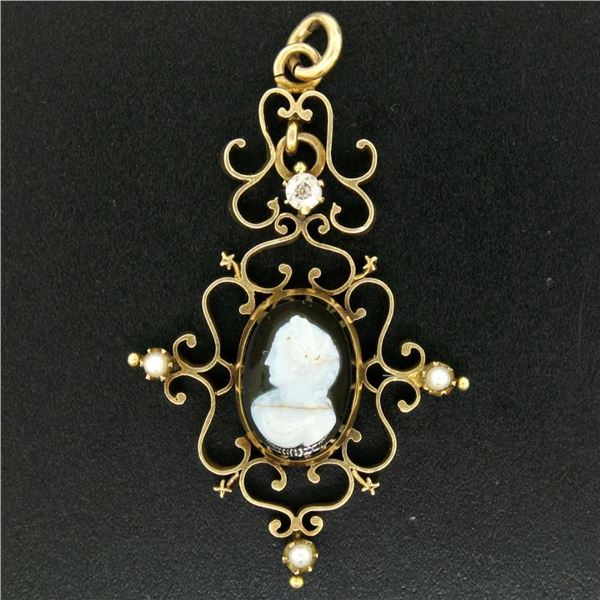 Antique Victorian 14kt Yellow Gold Cameo and Diamond Open Work Locket Pendant