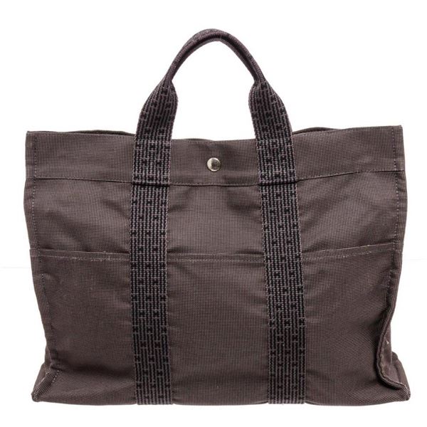 Hermes Black Gray Canvas Herline Bag GM Tote Bag