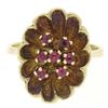 Image 2 : Vintage 14k Yellow Gold 0.25 ctw Round Ruby Cluster Brushed Texture Flower Ring