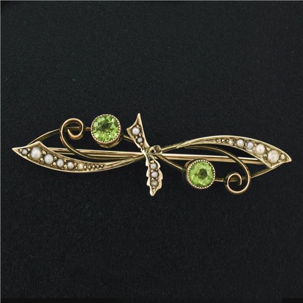 Antique Victorian 9k Gold Old Round Cut Peridot & Seed Pearl Bypass Brooch Pin