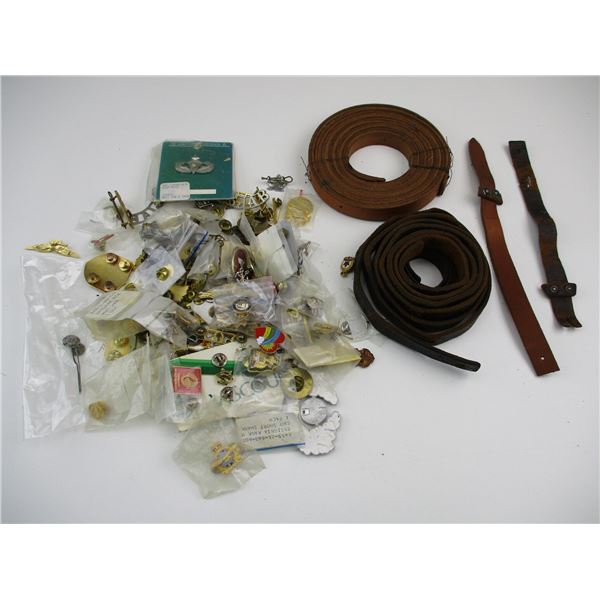 ASSORTED PINS/LEATHER/STRAP LOT