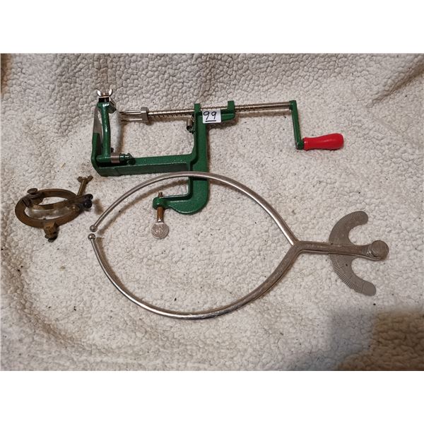 Vintage apple peeler, measuring tool & ?