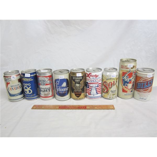 NINE DECORATIVE BEER CANS FULL