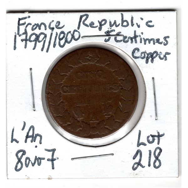 1799/1800 8 OVER 7 FRANCE REPUBLIC 5 CENTIMES COPPER