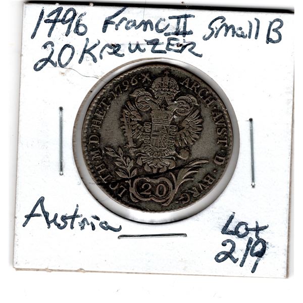 1796 SILVER 20 KREUZER AUSTRIA FRANC II SMALL B