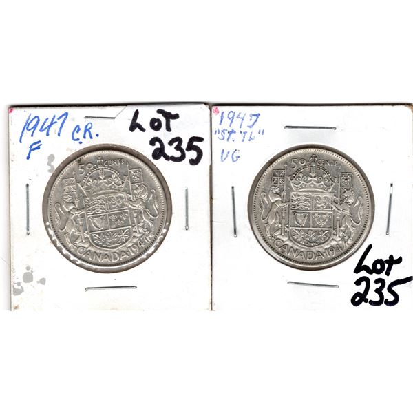 1947 ST 7 LEFT AND CURVED 7 RT 50 CENT PIECES