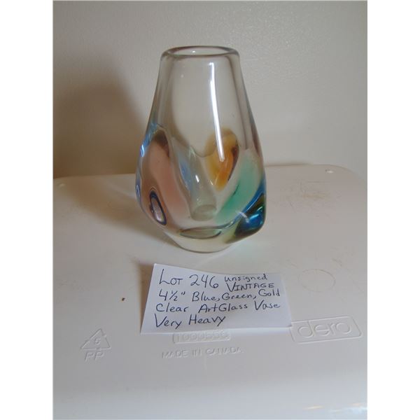 UNSIGNED BLUE GREEN GOLD CLEAR ART GLASS VASE
