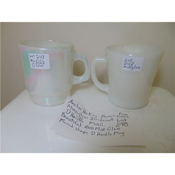 ANCHOR HOCKING D HANDLE MOON GLOW AND MILK GLASS CUPS.