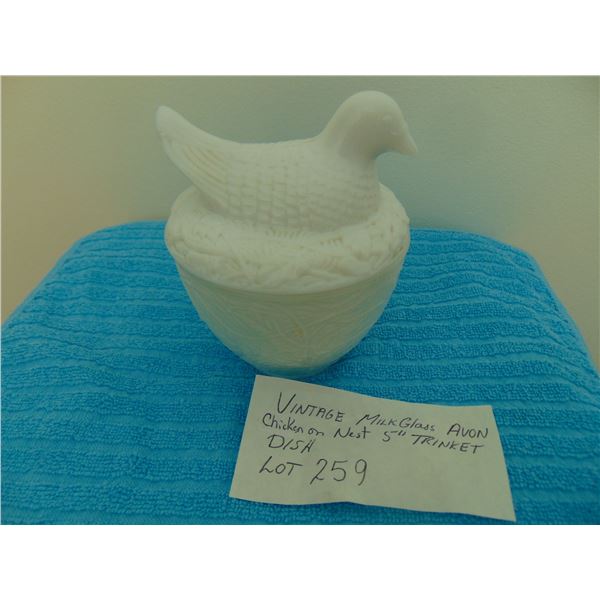 5” AVON MILK GLASS NESTING CHICKEN TRINKET DISH