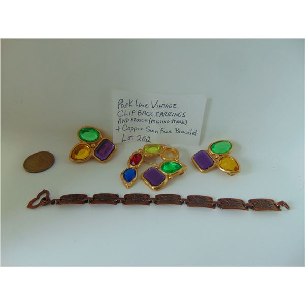 PARK LANE VINTAGE CLIP BACK EARRINGS AND COPPER SUN FACE BRACELET