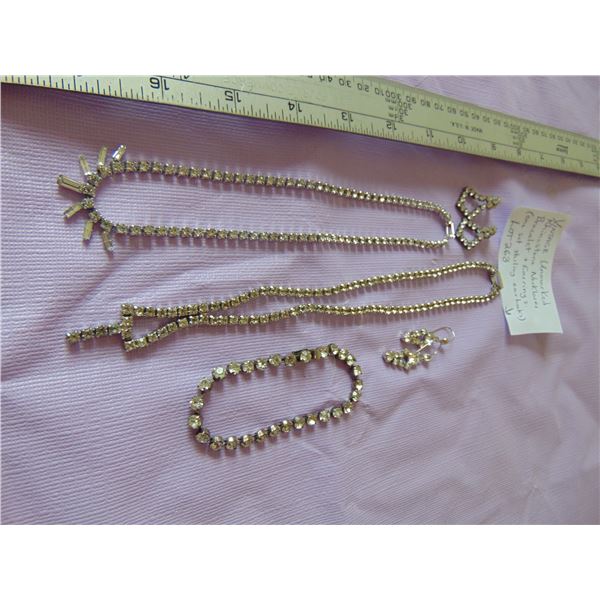 VINTAGE RHINESTONE UNMARKED EARRINGS, NECKLACE, BRACELET,
