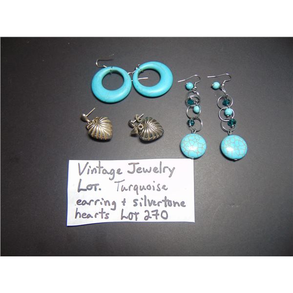 VINTAGE TUQUOISE EARRINGS AND SILVERTONE HEARTS