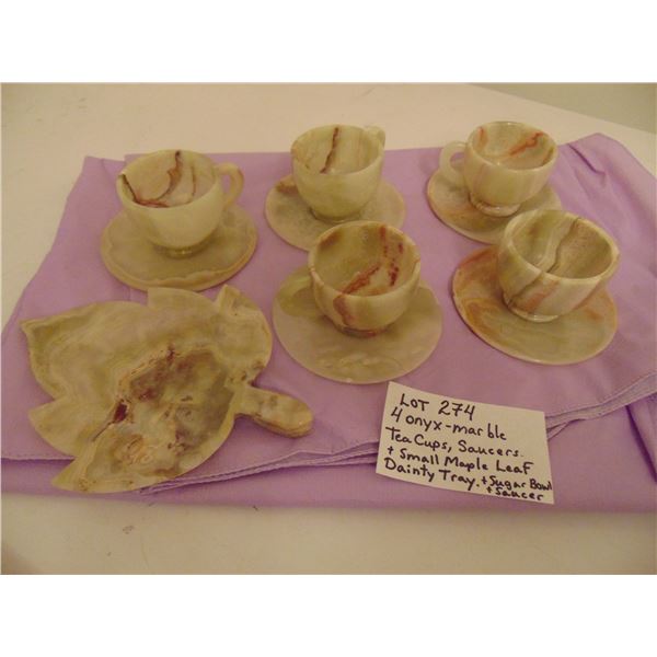 4 ONYX CUPS, SAUCERS, SUGAR BOWL & PLATE & MAPLE LEAF PLATE
