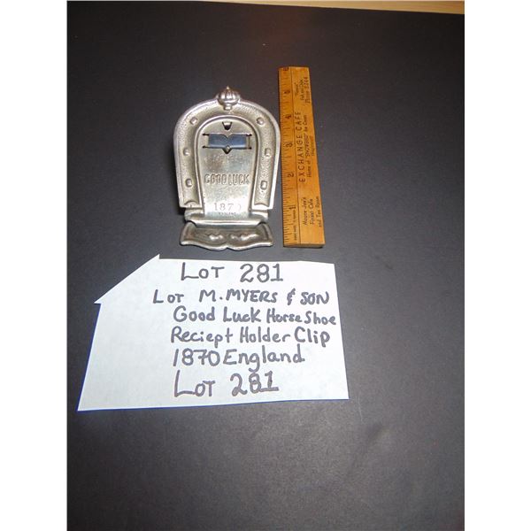 1870 ENGLAND M J MYER & SON HORSESHOE GOOD LUCK RECIEPT CLIP
