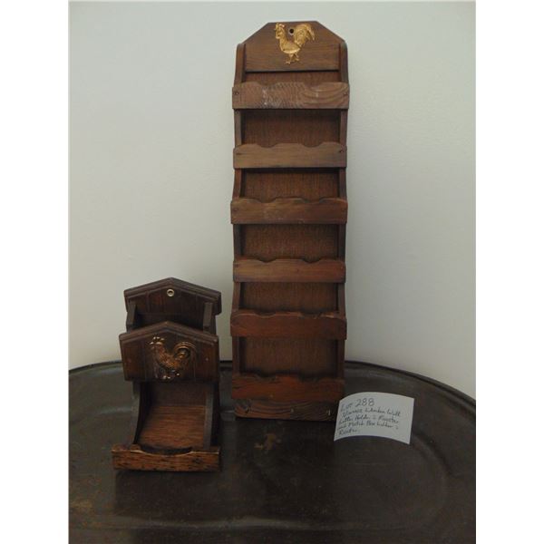 VINTAGE WOOD WALL LETTER HOLDER AND MATCH HOLDER WITH ROOSTER