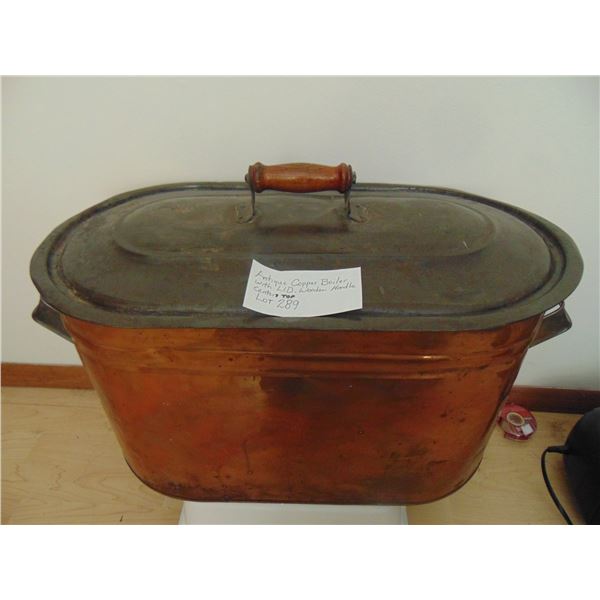 ANTIQUE COPPER BOILER WITH WOOD CENTER HANDLED LID