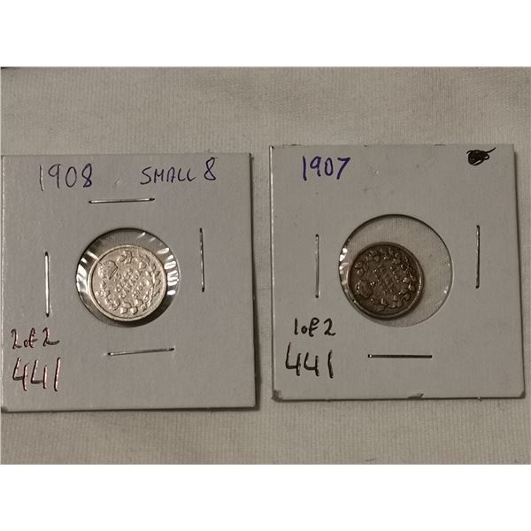1907 & 1908 small 8 silver 5 cents