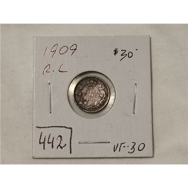 1909 R.L. round leaves, VF30 silver 5 cent