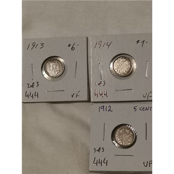 Three VF 1912, 1913, 1914 silver 5 cents