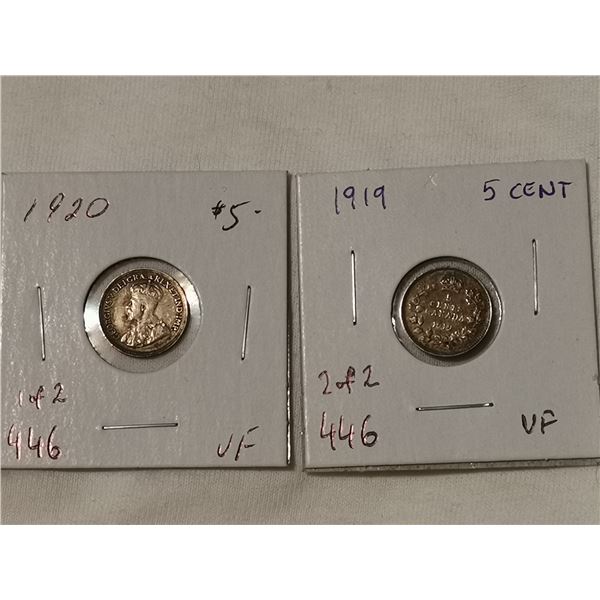 1919 & 1920 silver 5 cents VF